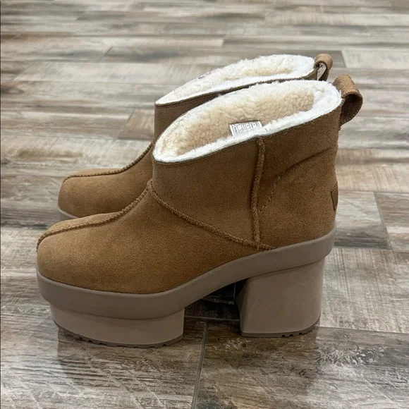 UGG Tan Women's Platform New Heights Suede Mini Boots - Picture 3 of 8